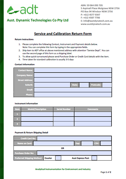 Breathalyser Service and Calibration Return Form